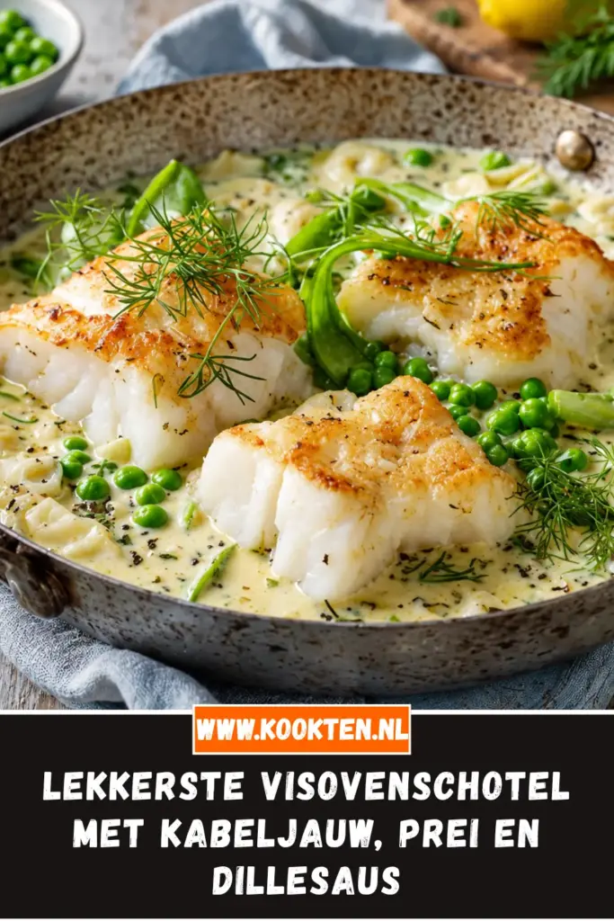 Visovenschotel met kabeljauw, prei en romige dillesaus uit de oven