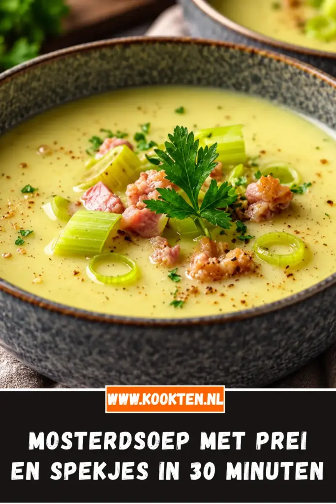 mosterdsoep met prei en spekjes van dichtbij op het bord