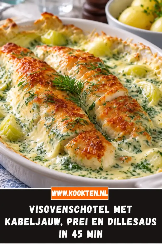 visovenschotel met kabeljauw, prei en dillesaus van dichtbij op het bord