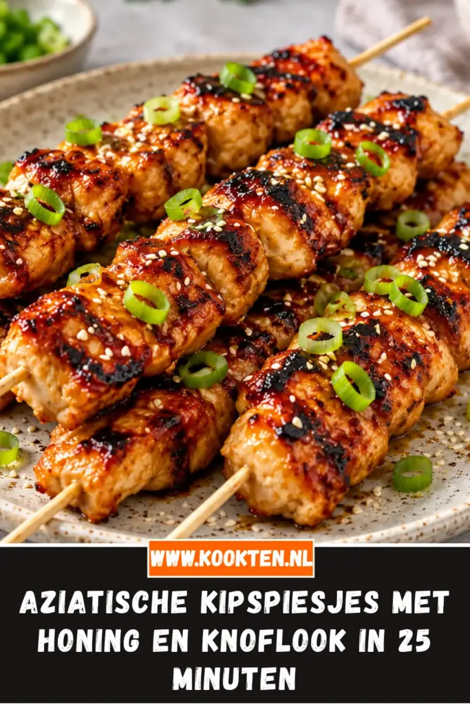 Aziatische kipspiesjes met honing en knoflook van dichtbij op het bord