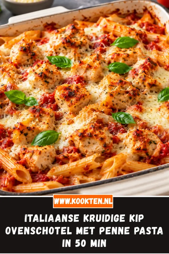 Italiaanse kruidige kip ovenschotel met penne pasta van dichtbij op het bord
