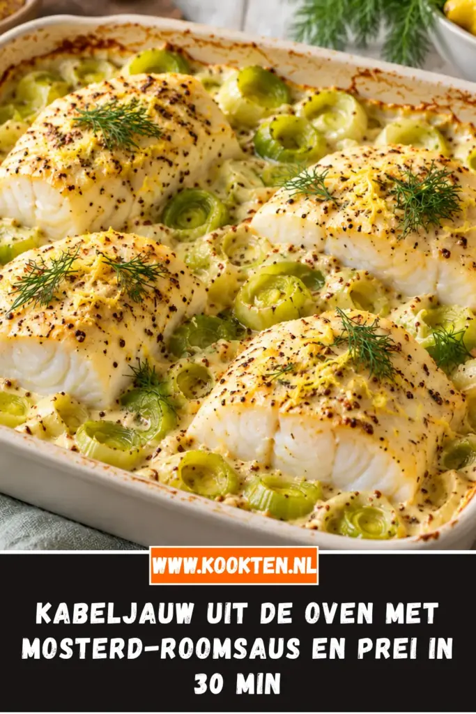 kabeljauw uit de oven met mosterd-roomsaus en prei van dichtbij op het bord