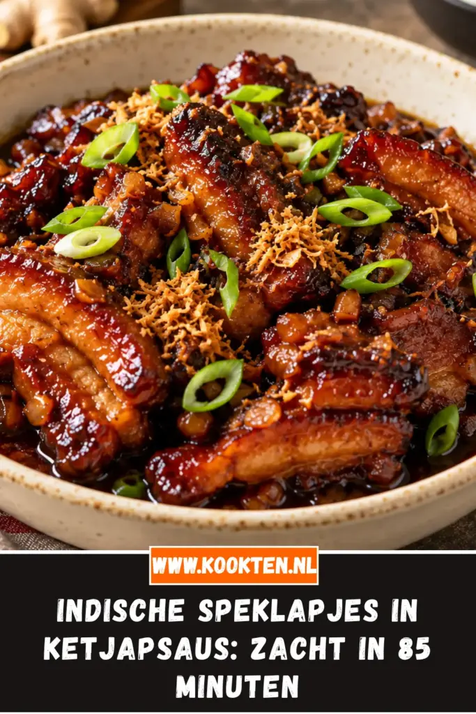 Indische speklapjes in ketjapsaus op een bord met rijst