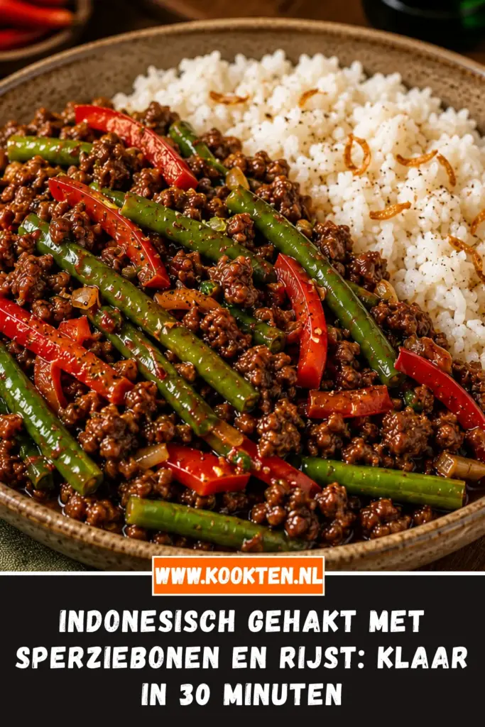 INDONESISCH GEHAKT MET SPERZIEBONEN EN RIJST van dichtbij op het bord