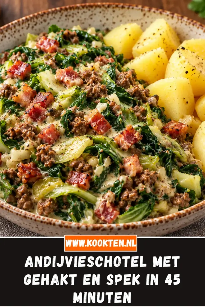 andijvieschotel met gehakt en spek van dichtbij op het bord