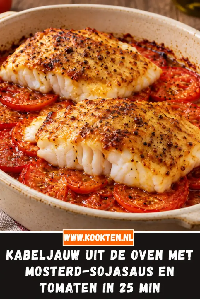 kabeljauw uit de oven met mosterd-sojasaus en tomaten van dichtbij op het bord