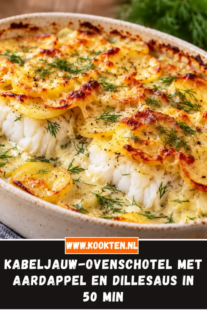 Kabeljauw-ovenschotel met aardappel en romige dillesaus in een ovenschaal