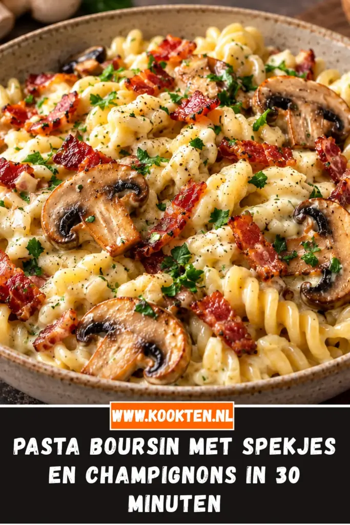 pasta Boursin met spekjes en champignons van dichtbij op het bord