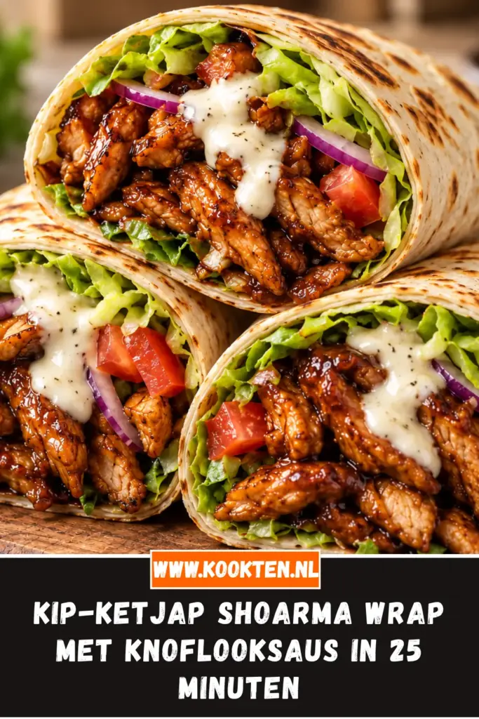 Kip-Ketjap Shoarma Wrap met Knoflooksaus van dichtbij op het bord