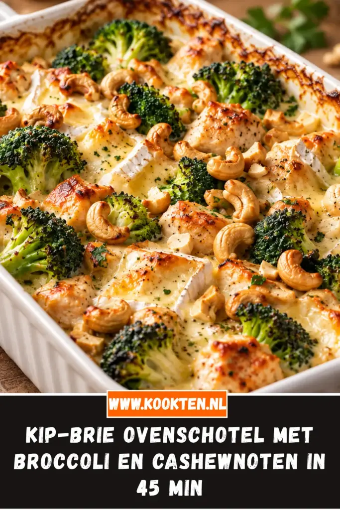 Kip-brie ovenschotel met broccoli en cashewnoten in een ovenschaal