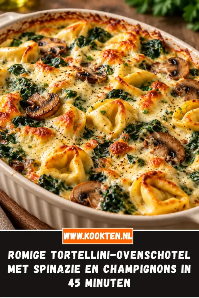 romige tortellini-ovenschotel met spinazie en champignons van dichtbij op het bord