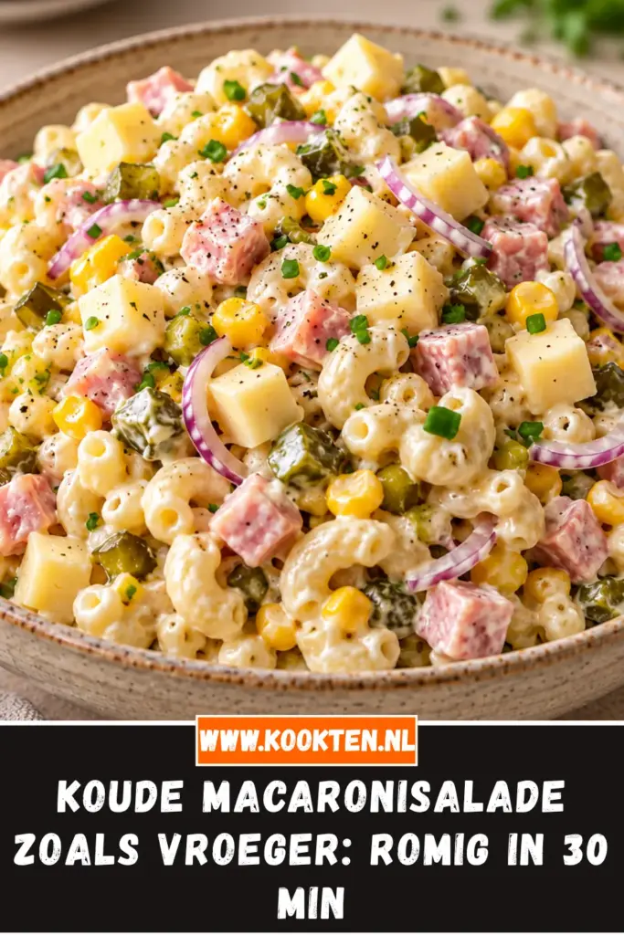 koude macaronisalade zoals vroeger van dichtbij op het bord