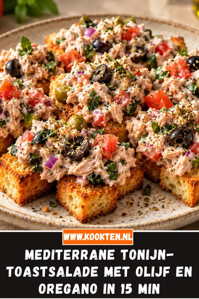 mediterrane tonijn-toastsalade met olijf en oregano van dichtbij op het bord