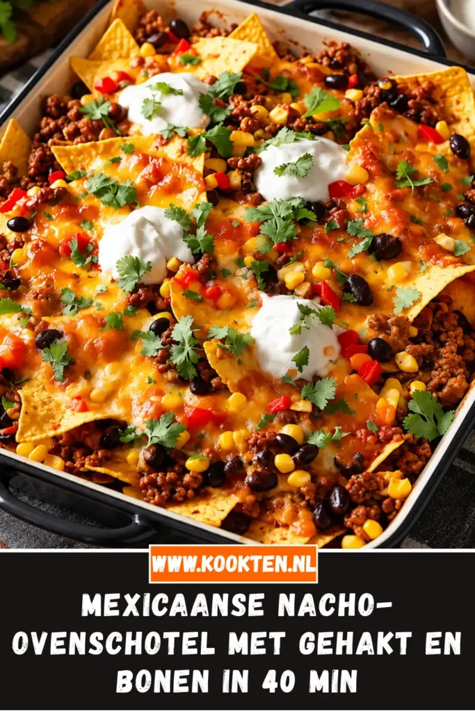 Mexicaanse nacho-ovenschotel met gehakt en bonen van dichtbij op het bord