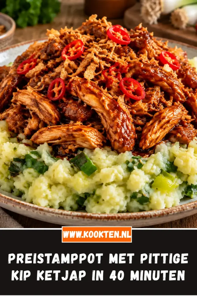 preistamppot met pittige kip ketjap van dichtbij op het bord